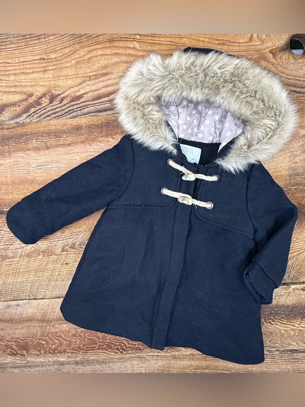 Zara Black Kids' Hooded Pea Coat with Faux Fur Trim